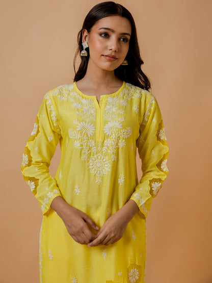 HOUSE OF KARI Ethnic Motifs Embroidered Round Neck Chikankari Chanderi Silk Kurta