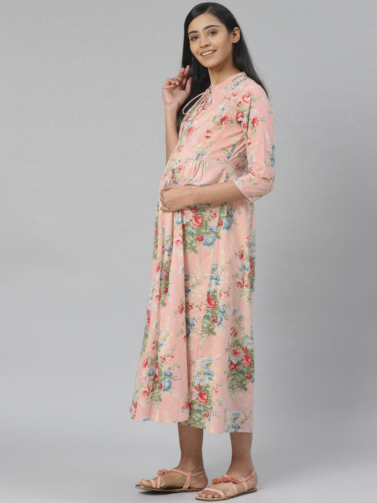 Anayna Women Peach-Coloured & Green Floral Printed Pure Cotton Maternity A-Line Dress