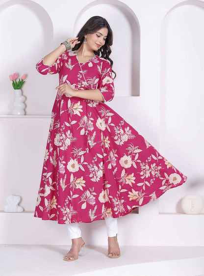 Miravan Womens Pink Floral Printed Angrakha Kurta