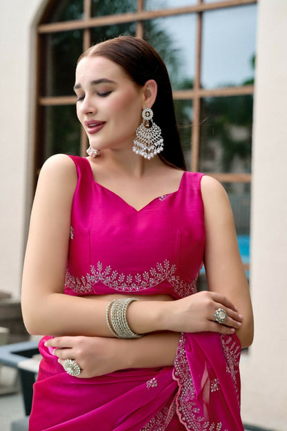 Vastranavya Pink Embroidery Work Shimmer Chiffon Saree with Unstitched Blouse