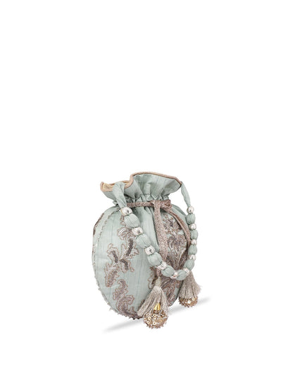 Masq Women Green & Silver-Toned Embellished Potli Clutch