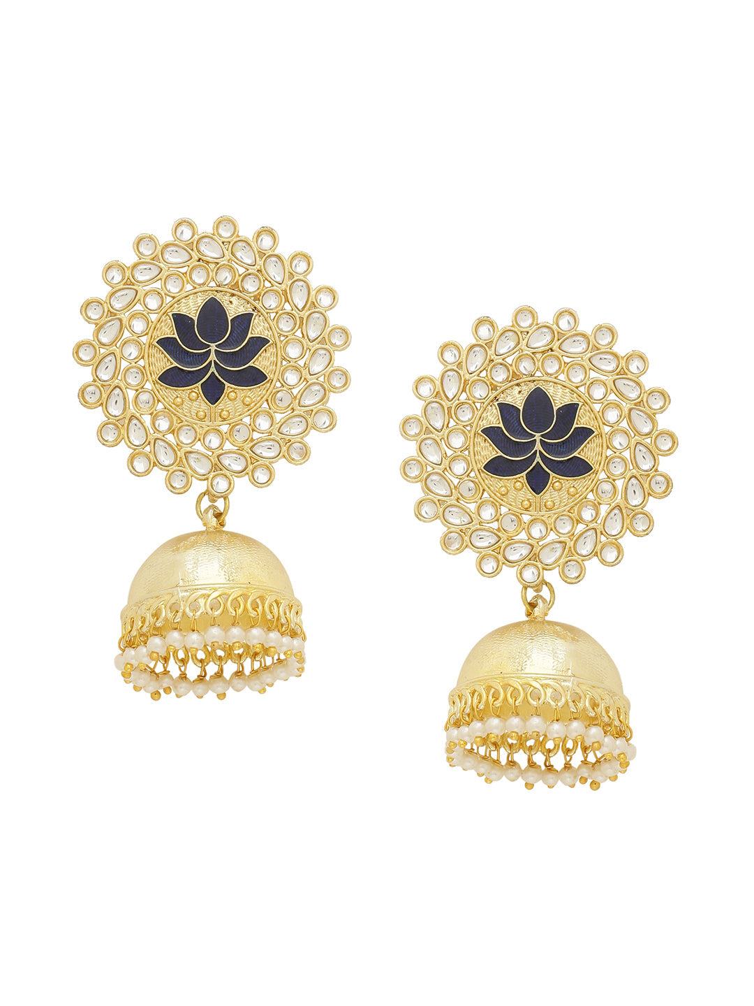 Shoshaa Gold-Polished Navy Blue Kundan-Studded Classic Jhumkas