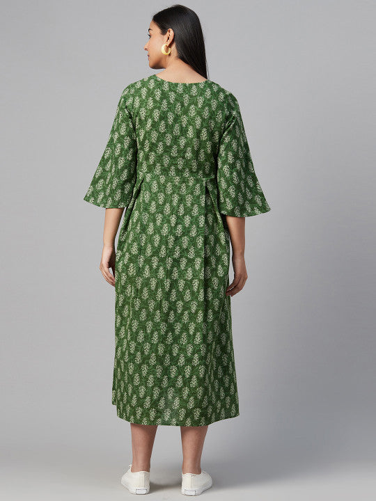 Anayna Women Green & Off-White Printed Maternity A-Line Dress