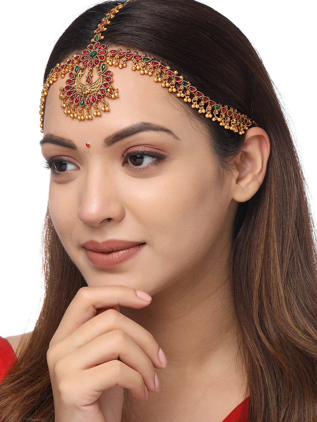 Yellow Chimes Gold-Toned Green Kundan Layered Temple Bridal Traditional Matha Patti