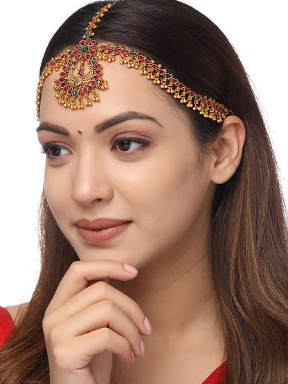 Yellow Chimes Gold-Toned Green Kundan Layered Temple Bridal Traditional Matha Patti