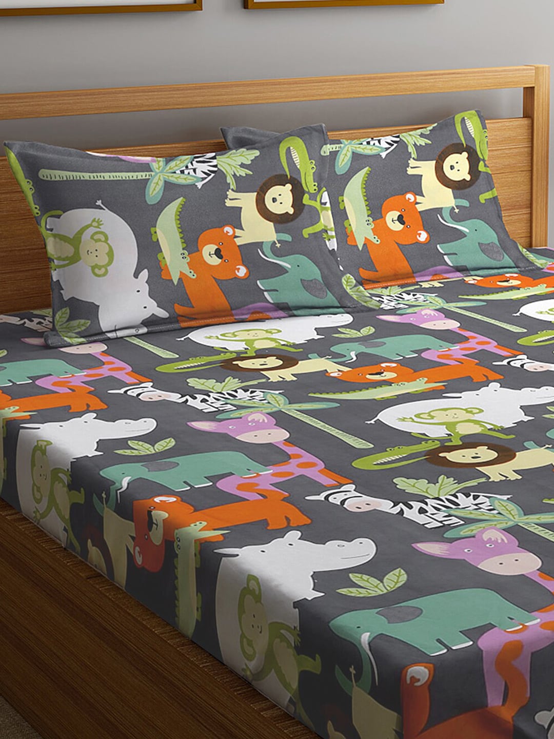 KLOTTHE Grey & Orange Cartoon Character Printed 300 TC King Bedsheet With 2 Pillow covers