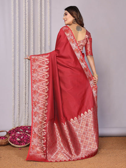 Joban Fashion Banarasi Red Jacquard WovenSoft Silk Saree