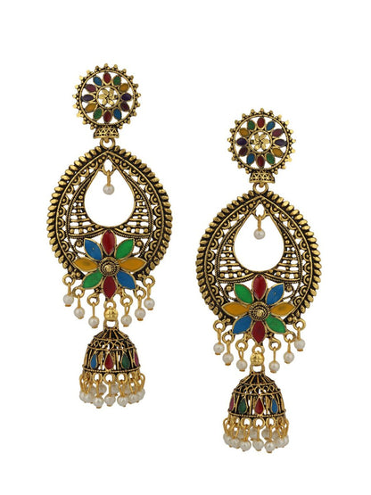 Anikas Creation Gold-Toned & Multicoloured Contemporary Jhumkas Earrings