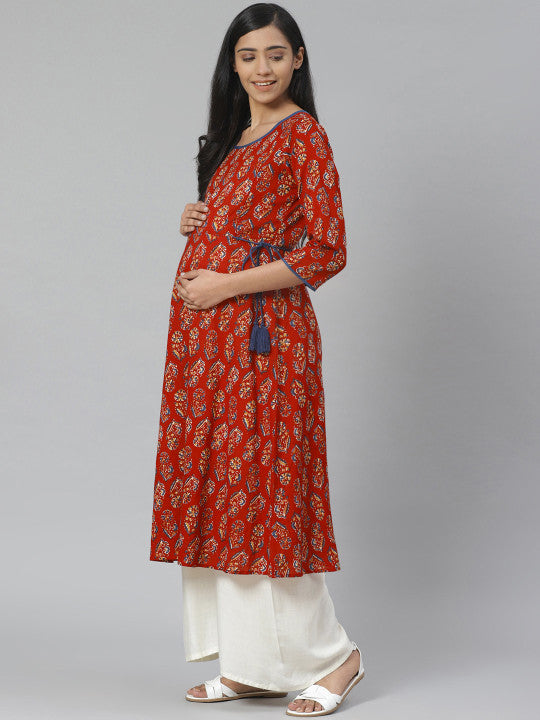 Anayna Women Rust Red & Orange Block Print A-Line Maternity Kurta