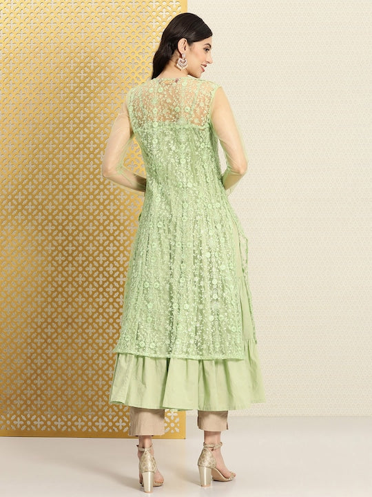 House of Pataudi Women Pure Cotton Pastels Jashn Kurta With Net Over Coat