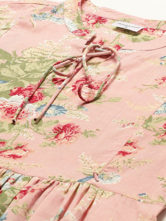 Anayna Women Peach-Coloured & Green Floral Printed Pure Cotton Maternity A-Line Dress