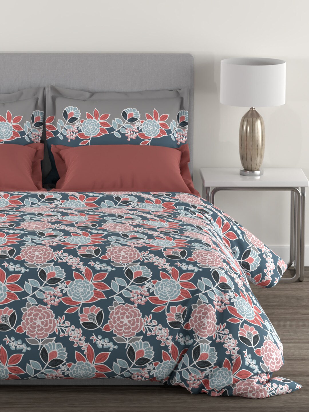 MYTRIDENT Blue Green Floral Cotton 144 TC Queen Bedsheet With 2 Pillow Covers