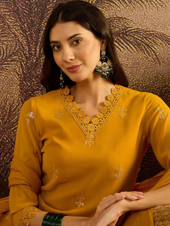 Sangria Zari Sequence Embroidered Georgette Straight Kurta With Trousers & Dupatta