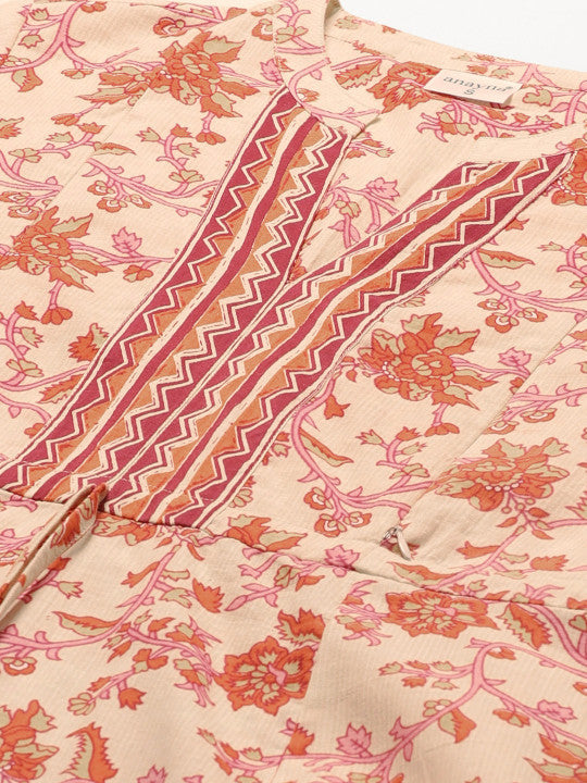 Anayna Women Cream-Coloured & Orange Printed Feeding Maternity A-Line Kurta