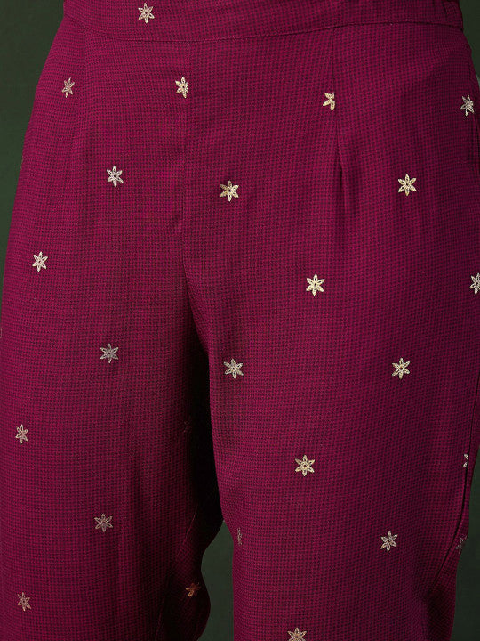 Sangria Burgundy Floral Printed V-Neck Straight Kurta With Trousers