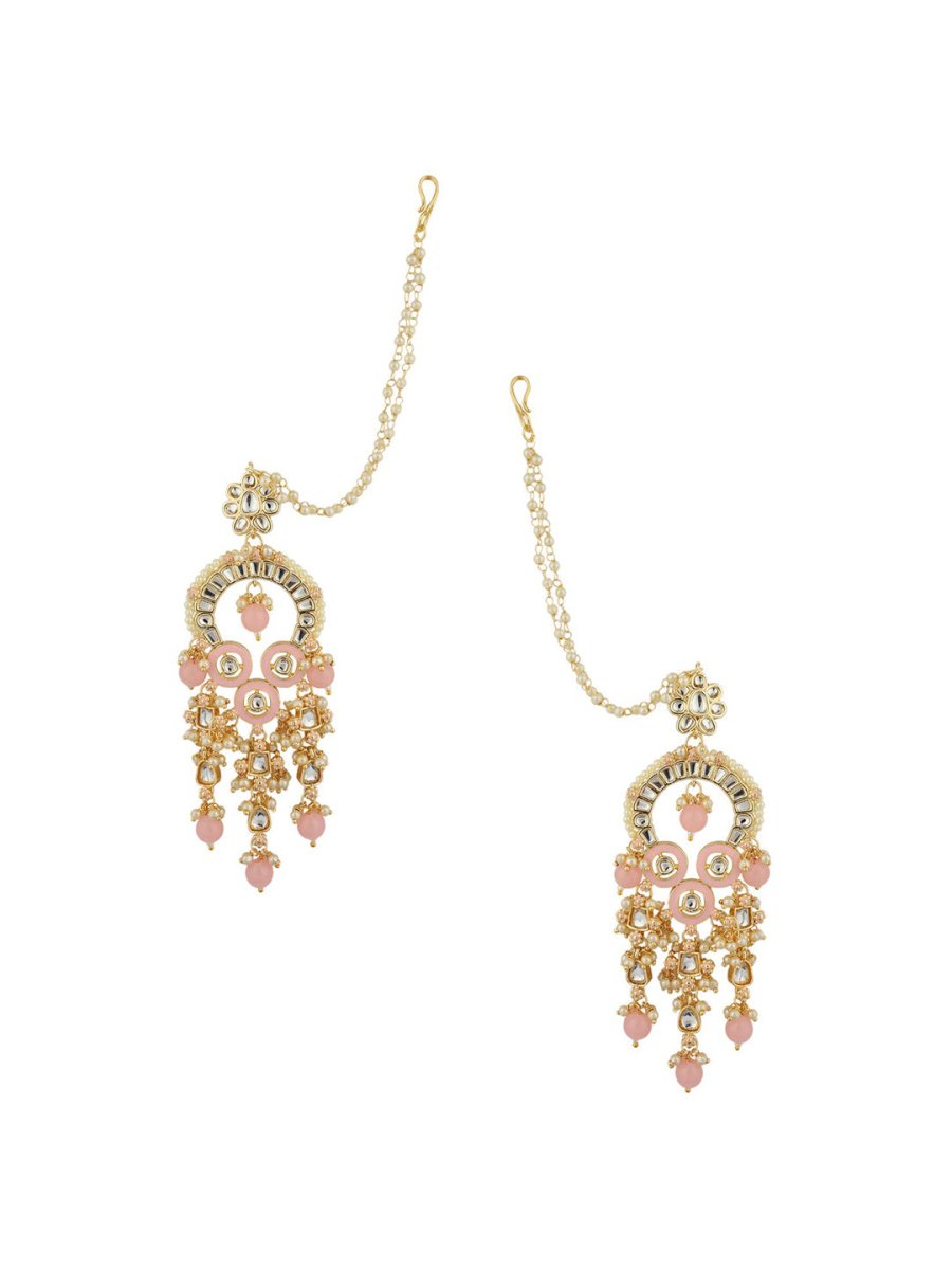 Anikas Creation Pink & Gold-Polished Kundan Contemporary Chandbalis With Ear Chain Earrings