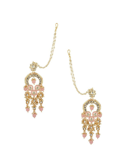 Anikas Creation Pink & Gold-Polished Kundan Contemporary Chandbalis With Ear Chain Earrings