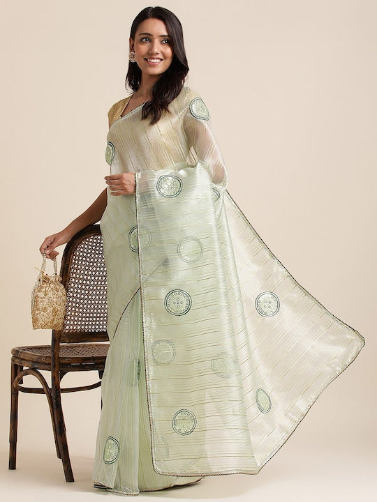 Fabmora Striped Woven Design Embroidered Organza Saree