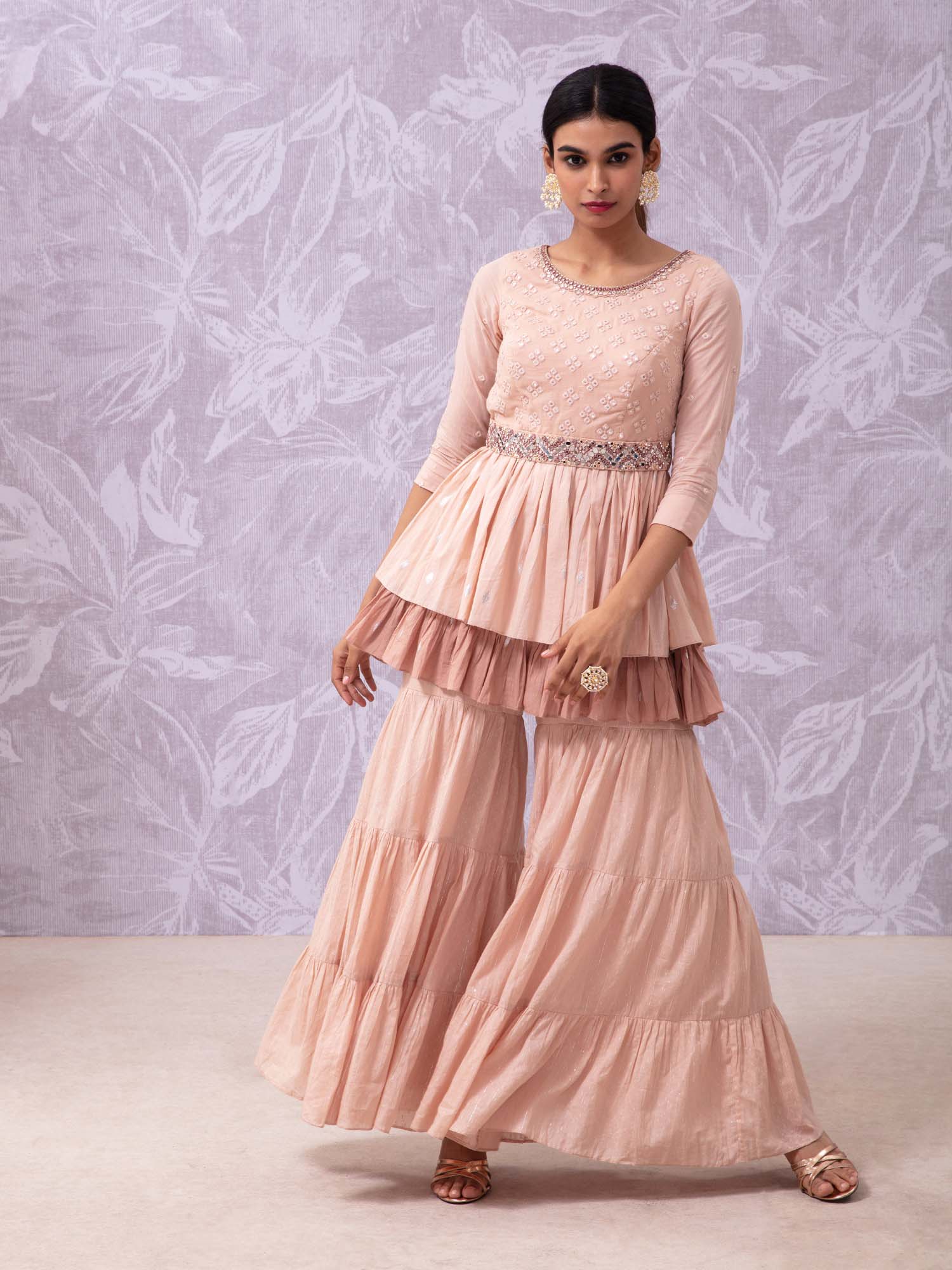 Likha Filigree Peach Mirror Work Kurta, Sharara, Dupatta & Belt S LIKSKD116 (Set of 4)