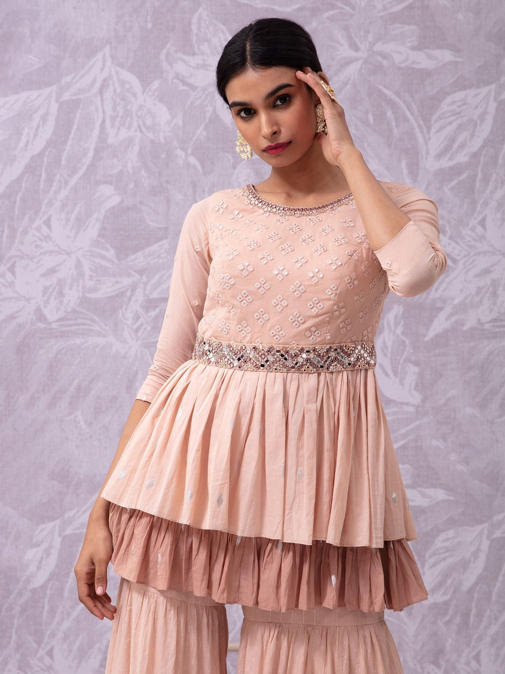 Likha Filigree Peach Mirror Work Kurta, Sharara, Dupatta & Belt S LIKSKD116 (Set of 4)