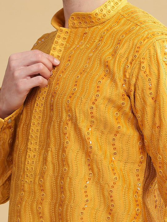Anouk Yellow Ethnic Embroidered Mandarin Collar Sequinned Lucknowi Cotton Straight Kurta