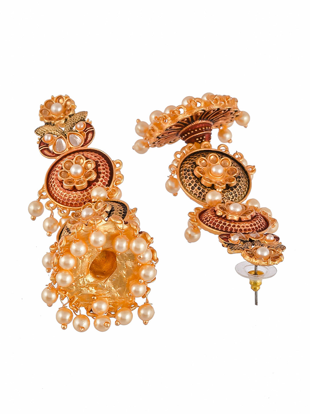 Shoshaa Maroon & Green Gold-Polished Contemporary Jhumkas Earrings