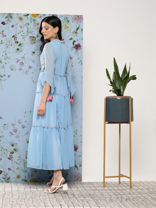 Juniper Floral Embroidered Tiered Front Slit A-Line Kurta with Tie-Up Detail