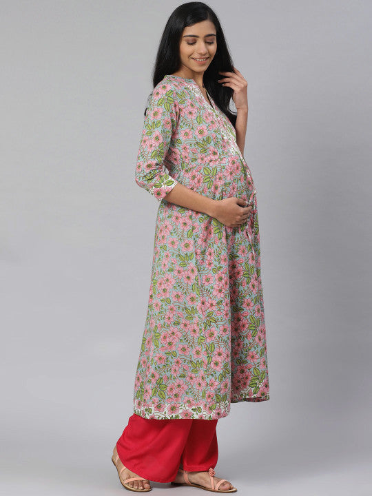 Anayna Women Blue & Pink Floral Printed Pure Cotton Feeding Maternity A-Line Kurta