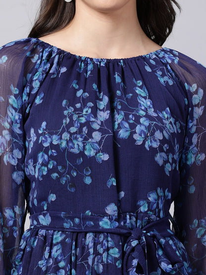 Souchii Navy Blue Floral Layered Chiffon A-Line Midi Dress