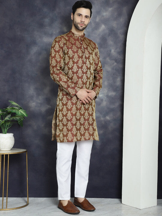 Anouk Maroon Ethnic Motifs Woven Design Jacquard Straight Cotton Silk Kurta