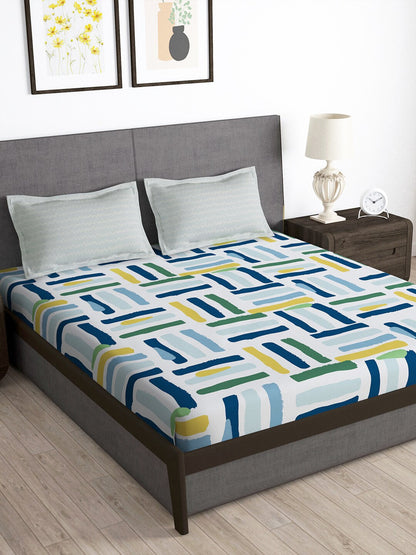 Story@home Arena White & Blue Geometric Printed 180 TC Queen Bedsheet & 2 Pillow Covers