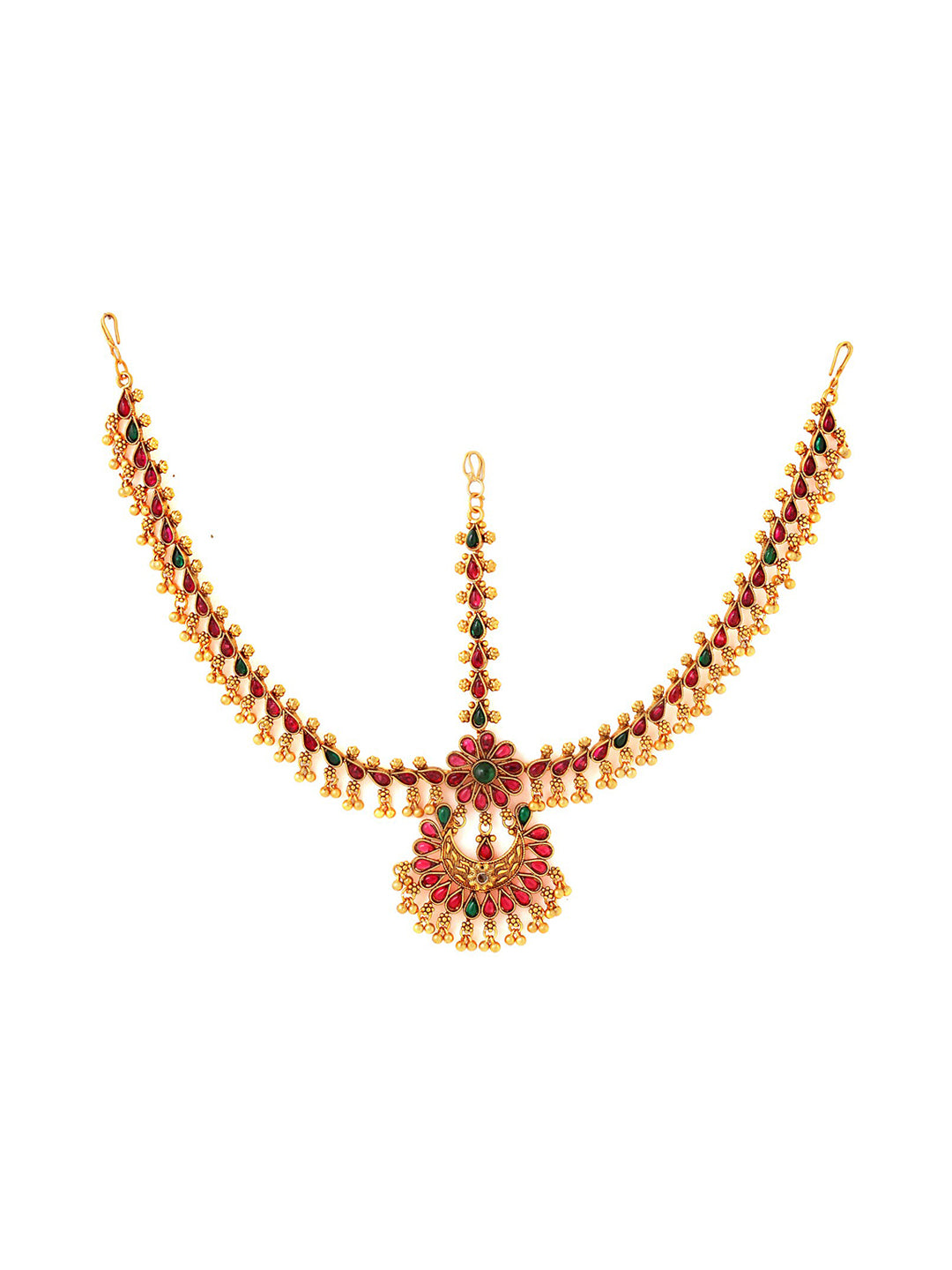 Yellow Chimes Gold-Toned Green Kundan Layered Temple Bridal Traditional Matha Patti