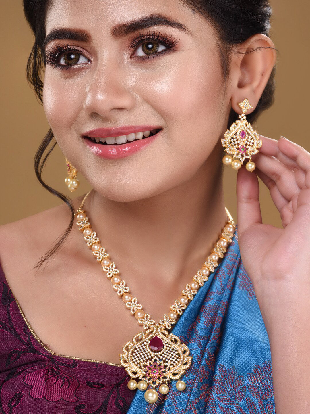 Saraf RS Jewellery Gold-Polished White & Pink American Diamond Studded & Beaded Handcrafted Jewellery Set