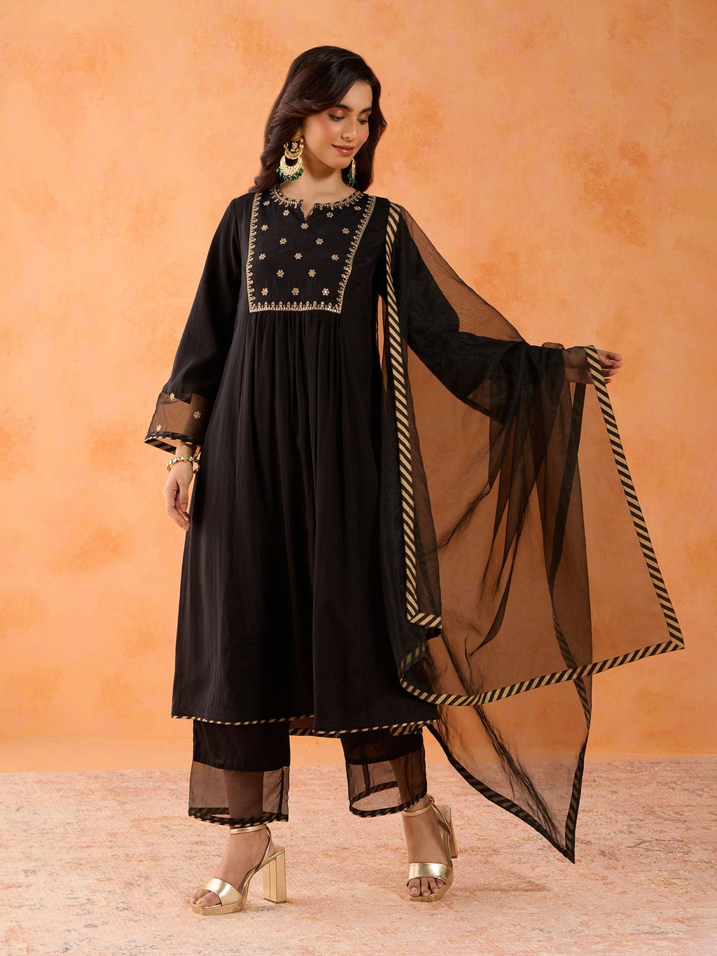 Likha Black Ethnic Bloom Embroidered Kurta Pant & Organza Dupatta LIKSKD287 (Set of 3)