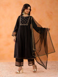 Likha Black Ethnic Bloom Embroidered Kurta Pant & Organza Dupatta LIKSKD287 (Set of 3)