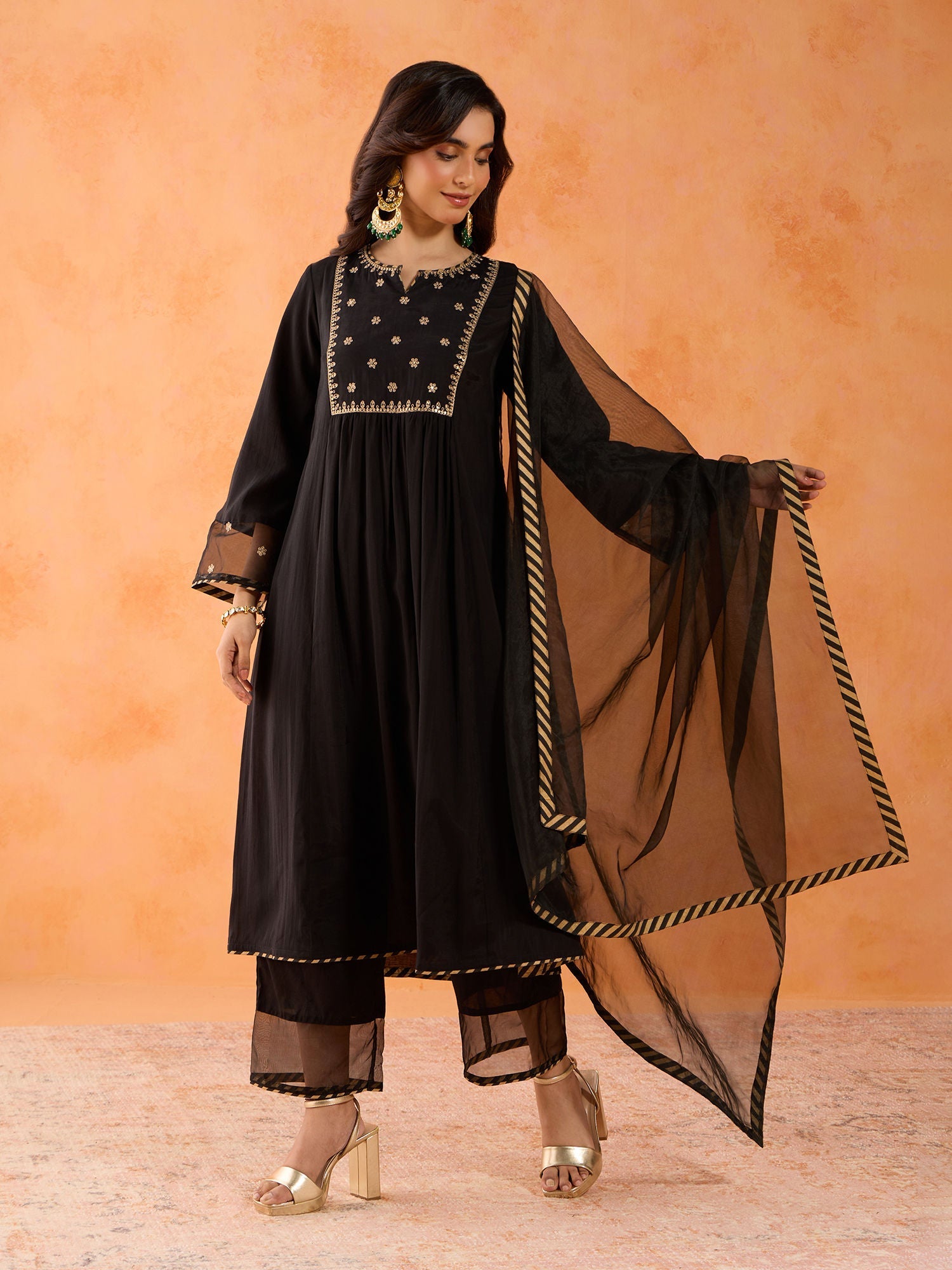 Likha Black Ethnic Bloom Embroidered Kurta Pant & Organza Dupatta LIKSKD287 (Set of 3)