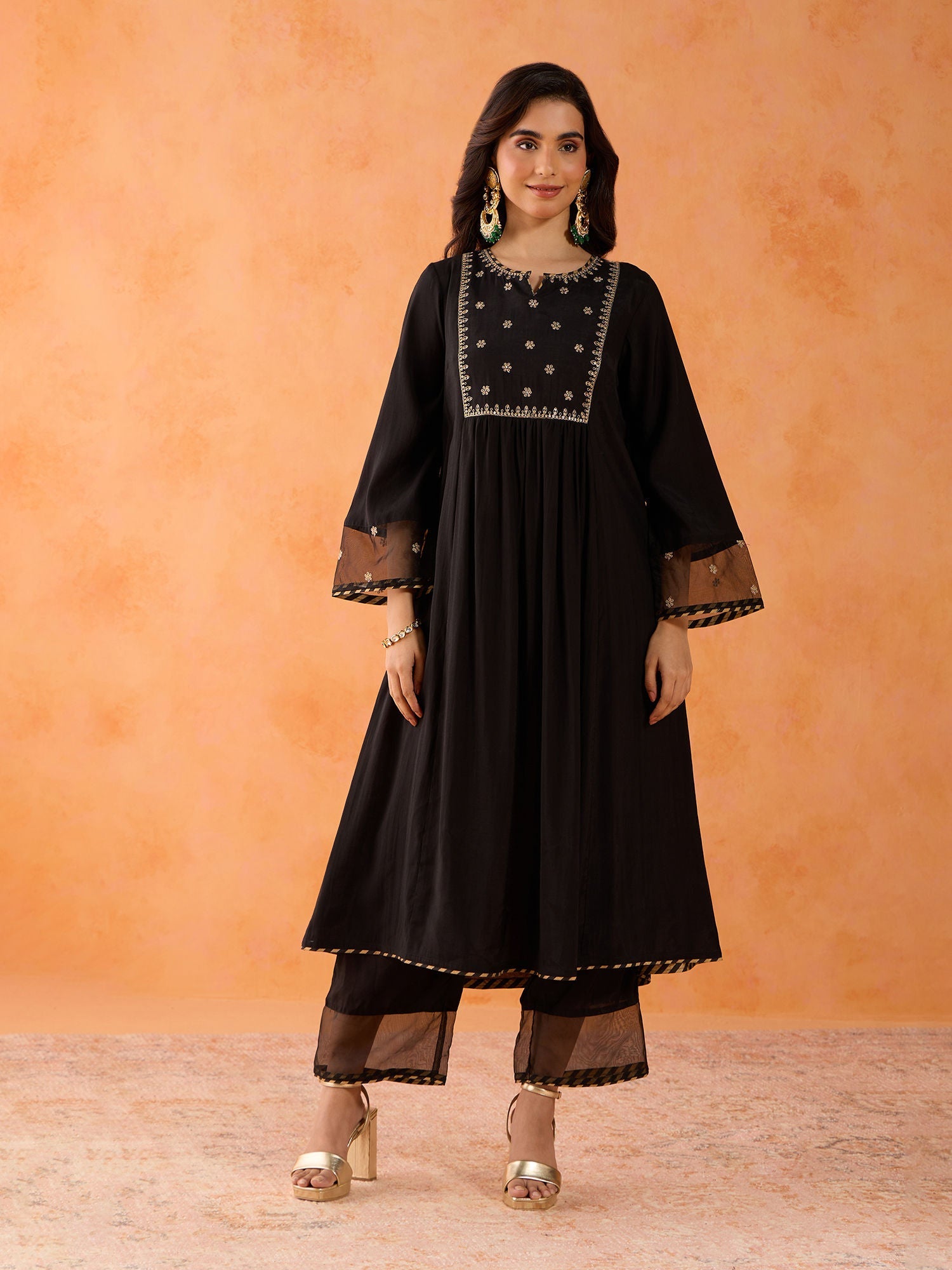Likha Black Ethnic Bloom Embroidered Kurta Pant & Organza Dupatta LIKSKD287 (Set of 3)