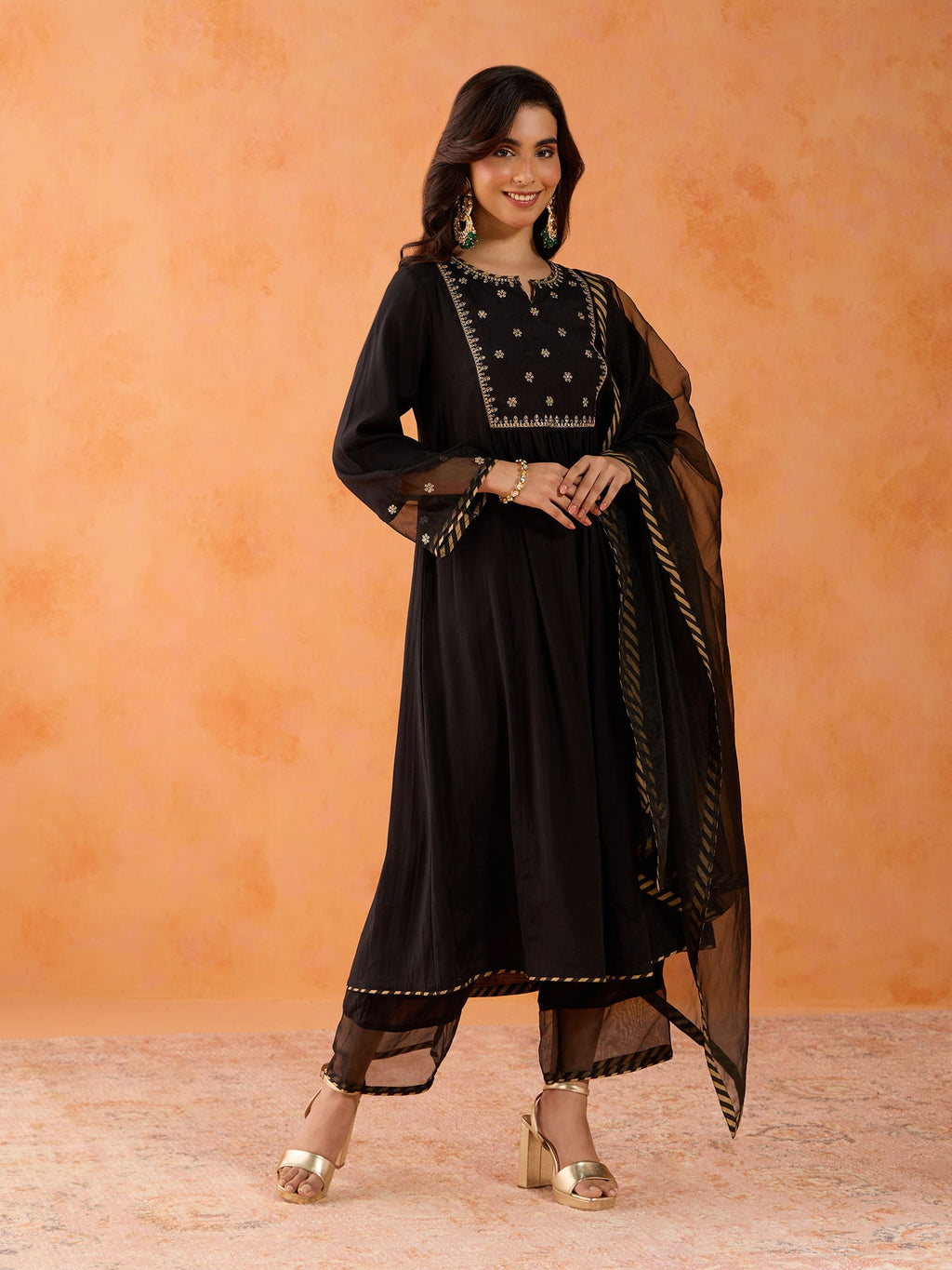 Likha Black Ethnic Bloom Embroidered Kurta Pant & Organza Dupatta LIKSKD287 (Set of 3)