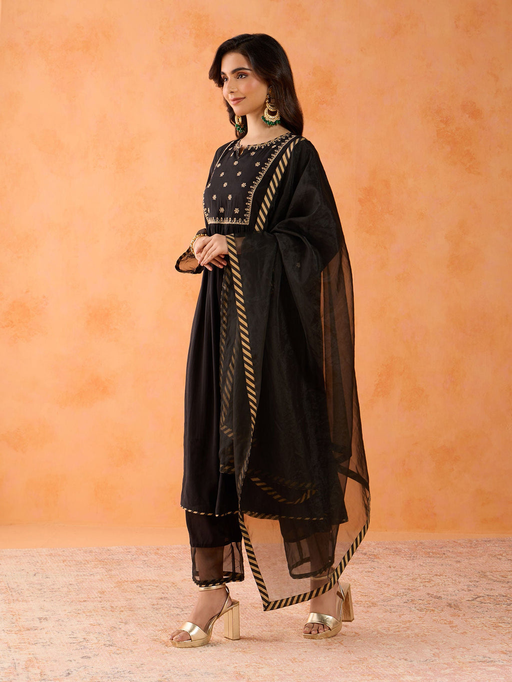 Likha Black Ethnic Bloom Embroidered Kurta Pant & Organza Dupatta LIKSKD287 (Set of 3)