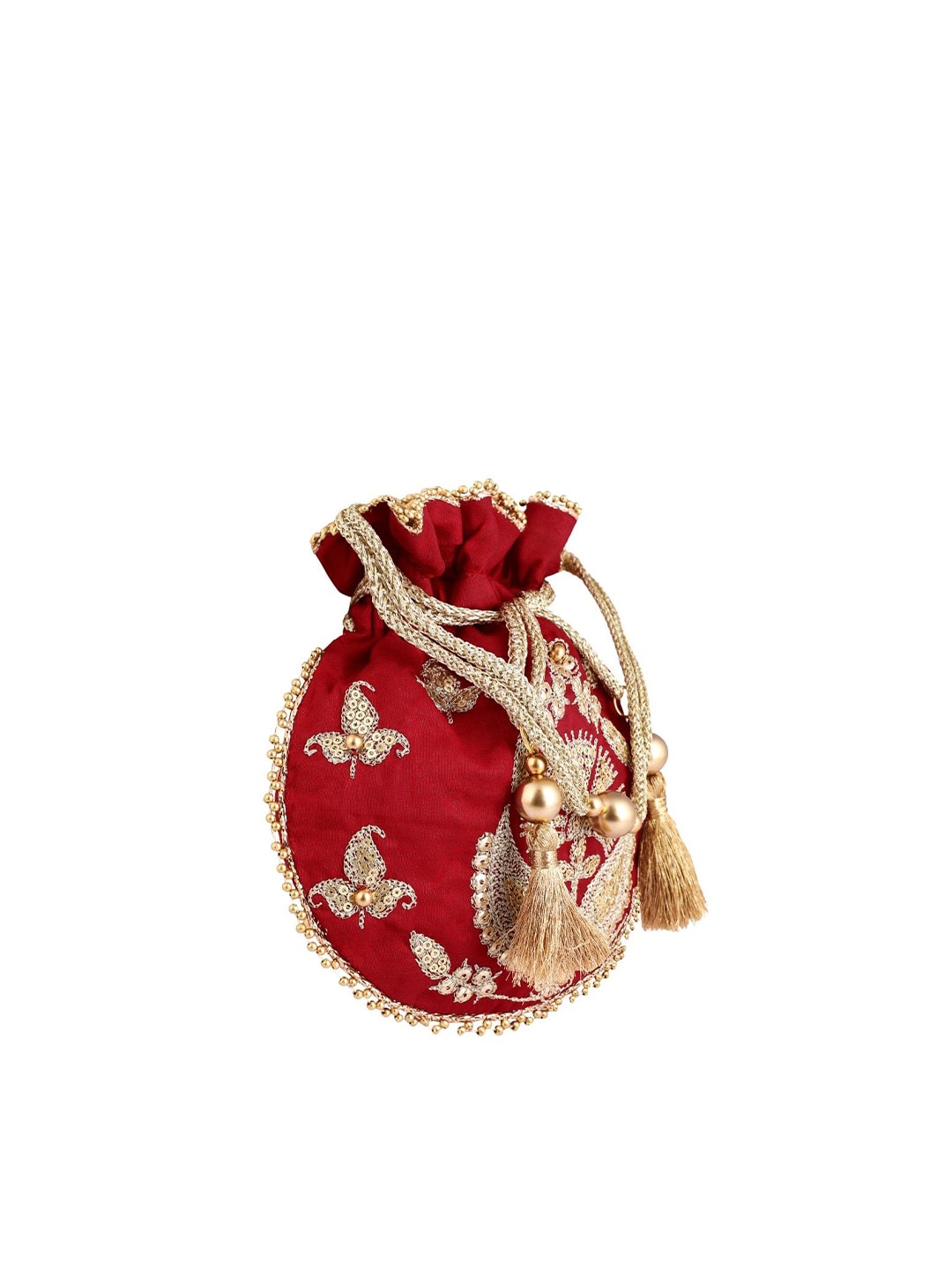 Masq Red & Gold-Toned Embellished Embroidered Potli Clutch