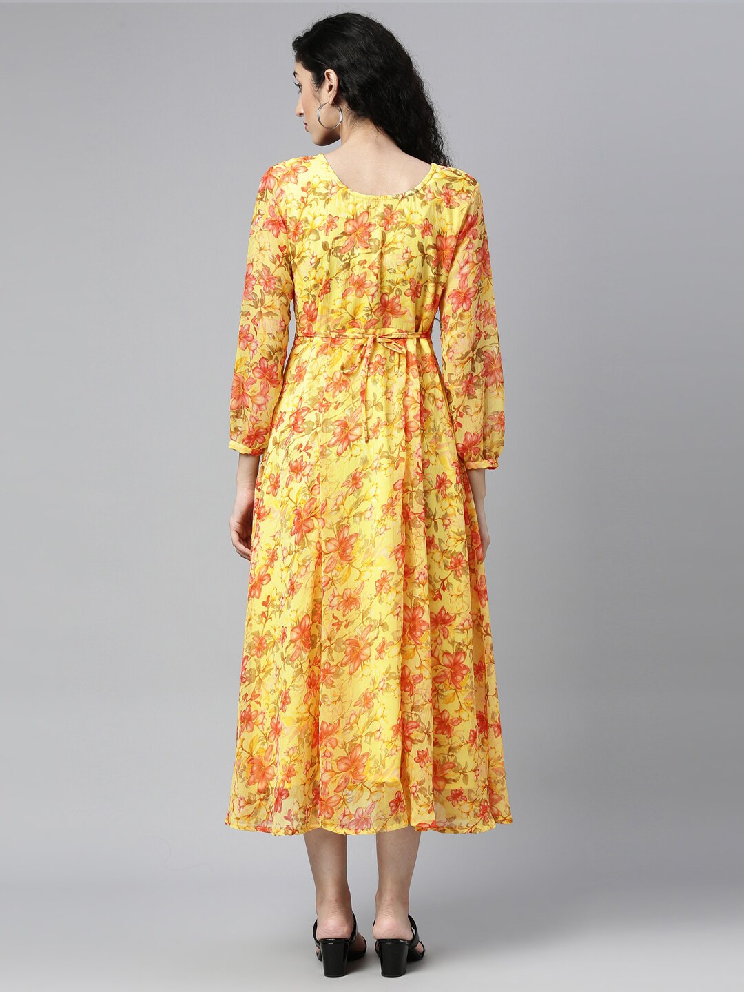 Souchii Yellow Floral Layered Chiffon A-Line Midi Dress