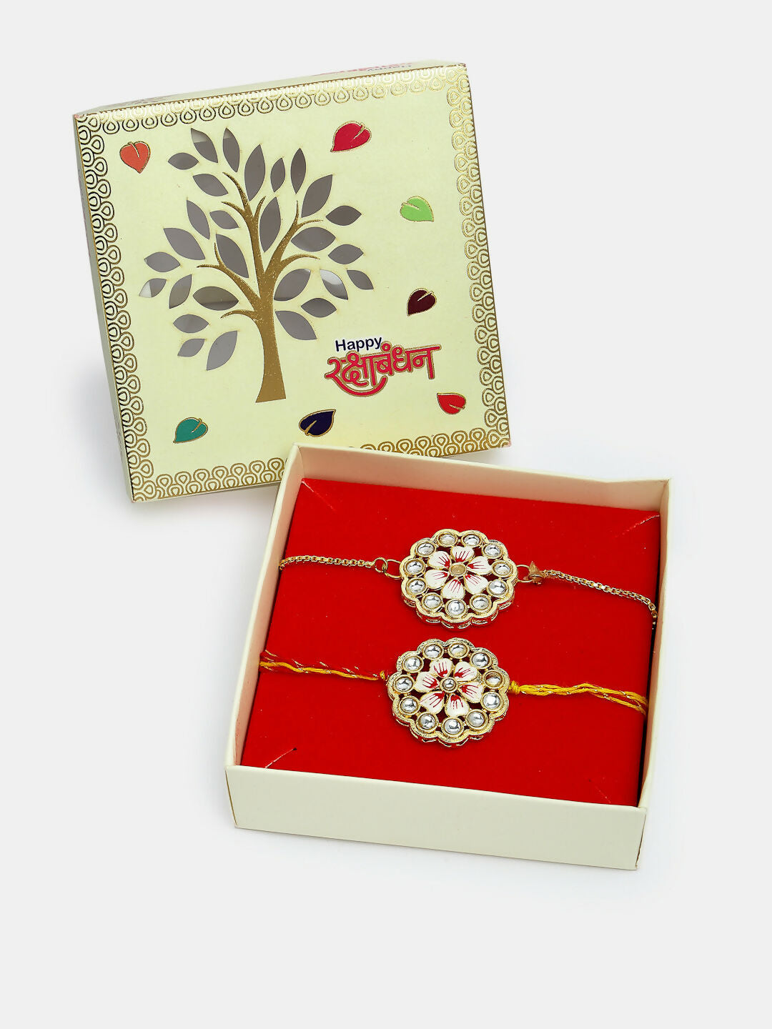 NVR Women & Men Set of 2 Gold Kundan-Studded Bhaiya Bhabhi Rakhi Set With Roli Chawal & Chocolate