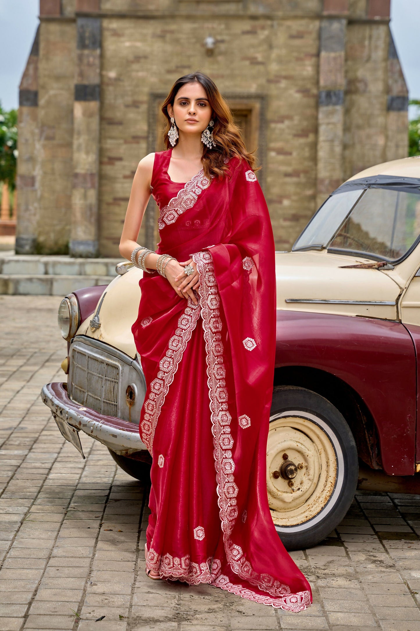 Vastranavya Red Embroidery Work Shimmer Chiffon Saree with Unstitched Blouse