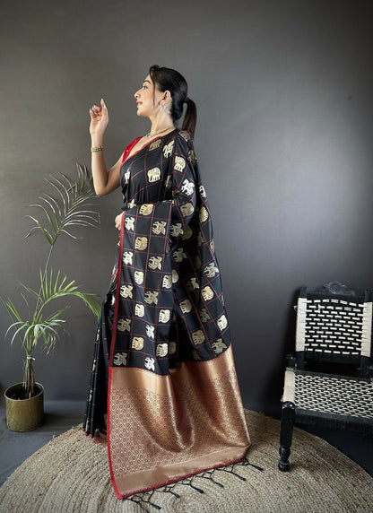 Joban Fashion Black Elephant Motif Soft Silk Banarasi silk Saree