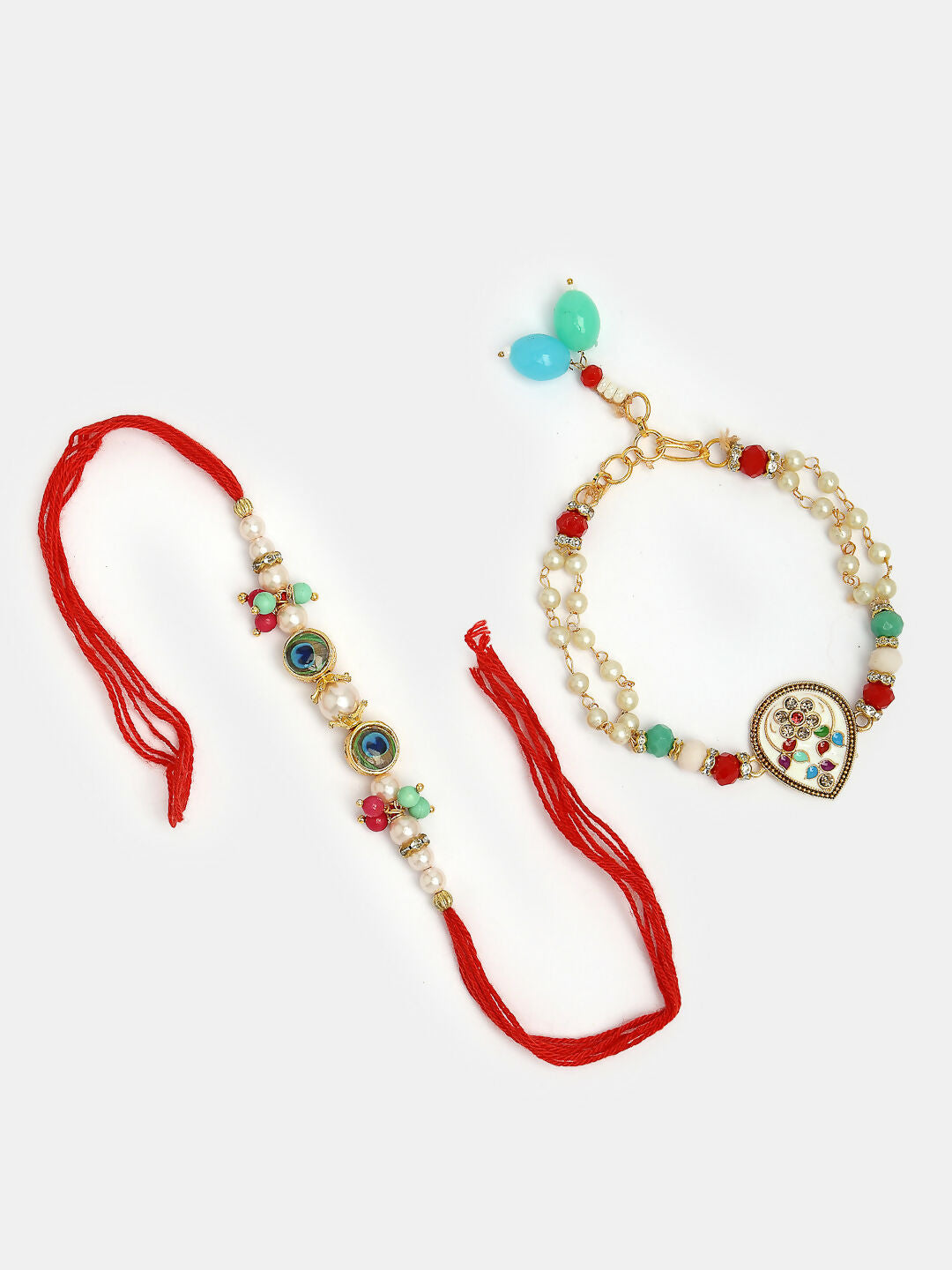 NVR Women & Men Set of 2 Multicolor Artificial Beads Bhaiya Bhabhi Rakhi With Roli Chawal
