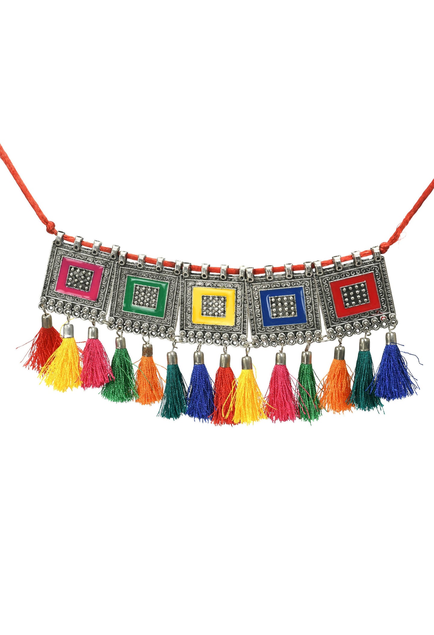 Mominos Fashion Johar Kamal Oxidised Silver-Plated Brass Finish Tassel Work Handicraft Choker For Women (Multi)