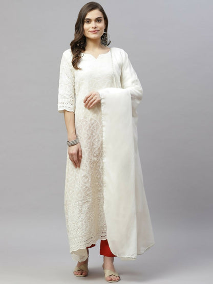 Miravan Women's Beige Embroidered Chikankari Kurta & Dupatta
