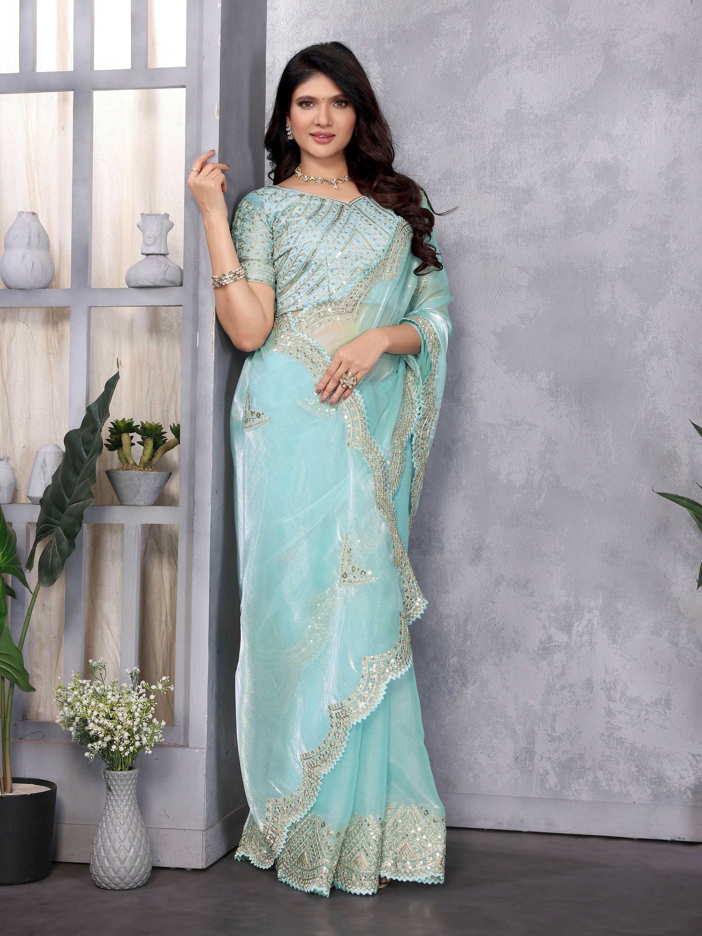 Vastranavya Sky Blue Embroidery Work Shimmer Chiffon Saree with Unstitched Blouse