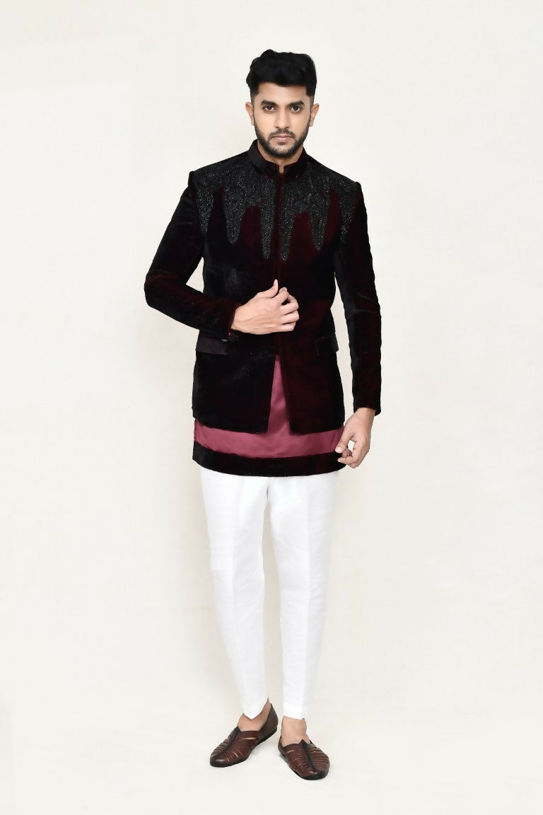 Joban Fashion Maroon Colored Satin Silk Fabric Open Prince Coat, Kurta With Straight Fit Pant