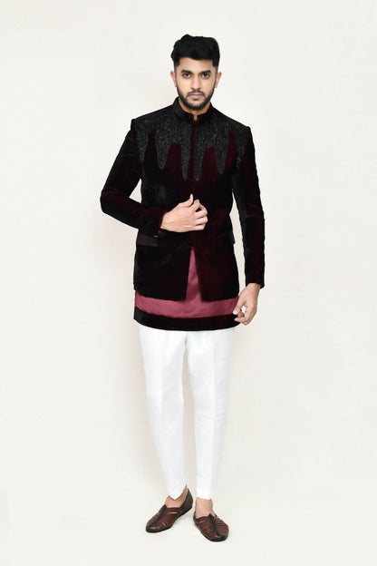 Joban Fashion Maroon Colored Satin Silk Fabric Open Prince Coat, Kurta With Straight Fit Pant